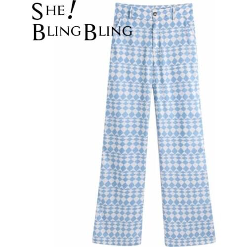 SheBlingBling Za 2021 Geometric Print long pant suit Female trousers Blue Shirt Women Short Sleeve Top Pocket Loose Blouse