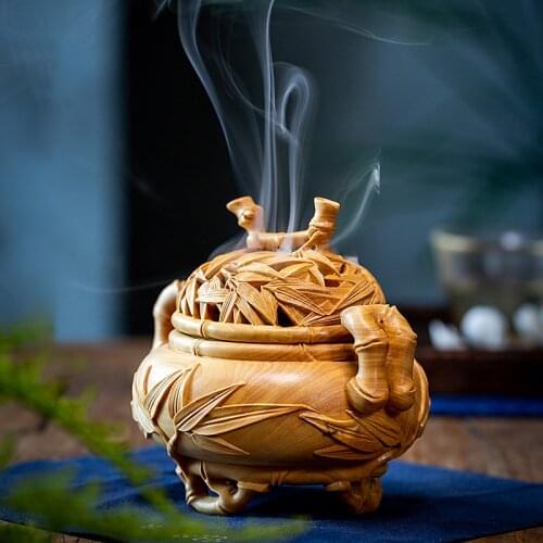 Boxwood 11cm Incense Burn Sculpture Wood Carving Bamboo Statue Lucky Home Decor