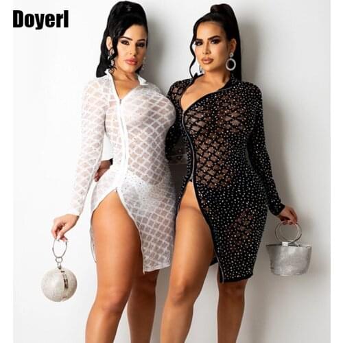 Sexy White Sheer Mesh Bodycon Dress Women Long Sleeve Black Side Split Zipper Rhinestone Mini Party Club Dress Birthday Outfits