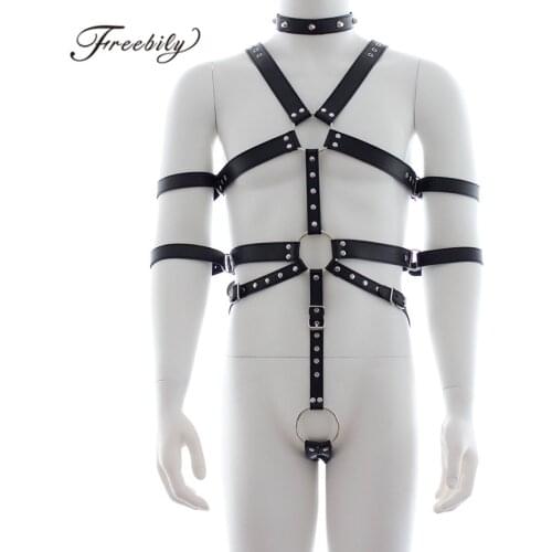 Sexy Mens Male Fashion PU Leather Full Chest Harness Restraint Set Adjustable Shoulder Chest And Waist Straps For Party