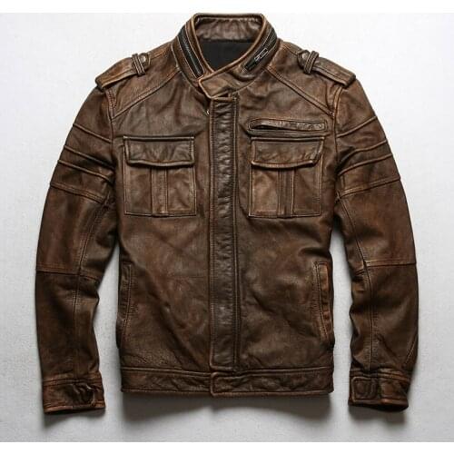 Super Offer! 2002, Asian Size Read Description Genuine Cow Skin Leather Jacket Mens Cowhide Thick Vintage Biker Coat