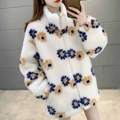 Thick Keep Warm Grain Wool Fur Jacket Daisy Printed Loose Composite Fur Coat Free Shipping High Street Faux Leather Overcoat