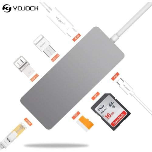 Yojock 7 in1 USB-C USB Adapter with Power Delivery HDMI SD TF Card Reader Ethernet for MacBook Laptop USB 3.0 Type C Adapter