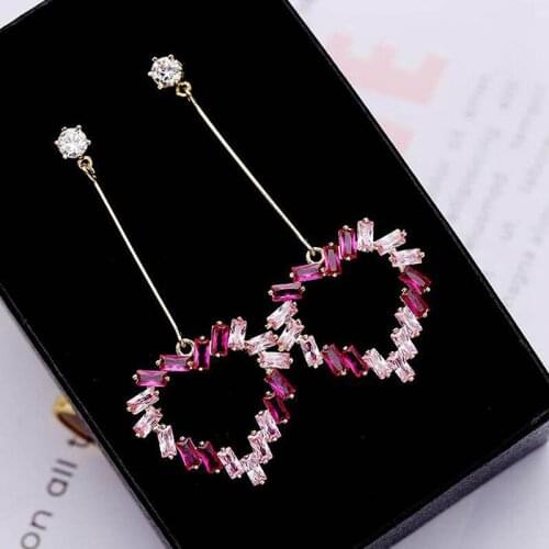 Heart Pink/Clear Cubic Zircon Long Drop Earrings Women Rhinestone Wedding Bridal Earring Fashion Jewelry Accessories YEA070