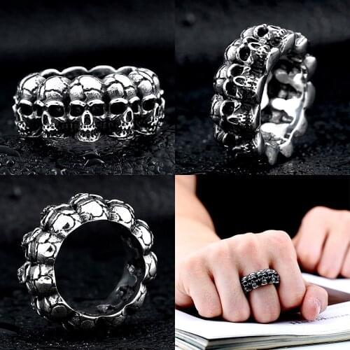 316L Skeleton Round Men Calvarium Skull Punk Vintage Ring Gothic High Quality Stainless Steel Biker Rings Motorcycle jewellery