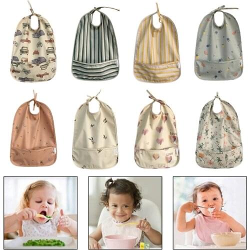 J60B Cartoon Printed Waterproof Bib with Pocket Baby Infants Feeding Apron Newborn Smock Burp Cloth for Boys Girls