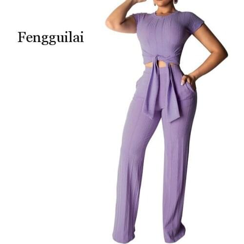 Kniteed Two Pieces Sets Women Clothes O Neck Short Sleeve Bandage Crop Top + Pocket Wide Leg Pants Candy Colors Tracksuit Outfit