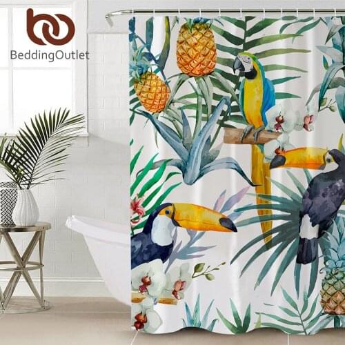 BeddingOutlet Toucan Shower Curtain Flower Polyester Waterproof Tropical Plant Bath Curtain With Hooks Bathroom Decor 180x180cm