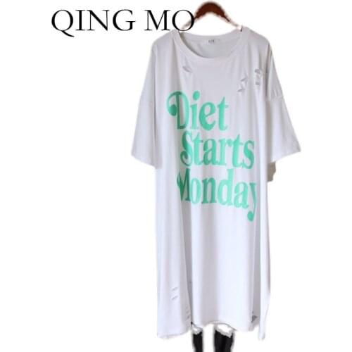 QING MO Yellow Blue White Black Women Holes T Shirt 2021 Women Casual Letter T Shirt Female Plus Size T Shirt ZQY7401