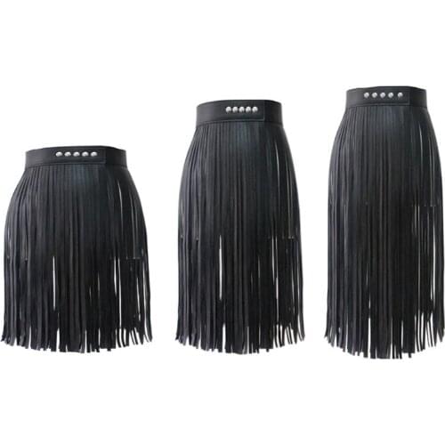 Women High Waist Faux Leather Fringe Tassels Skirt Body Harness with Snap Buttons Halloween Party Punk Rock Costume Clubwear