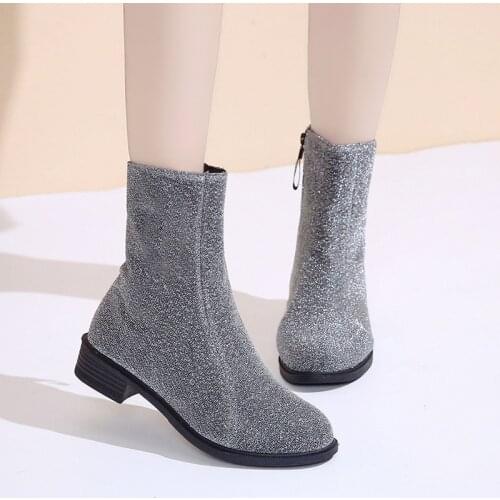 Fad New Crystal Bling Autumn Winter Boots Solid Color Ankle Boots for Women Shoes Woman Zipper Thick Low Heel Sexy Ladies Boots