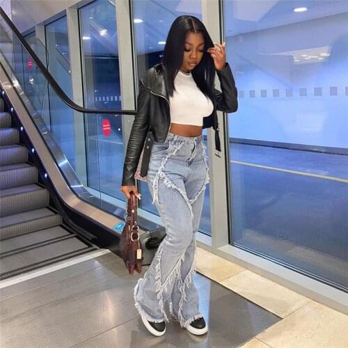 Casaul Women Long Jeans Pants Tassle High Street Flare Pants High Waist Clothes For Women Outfit