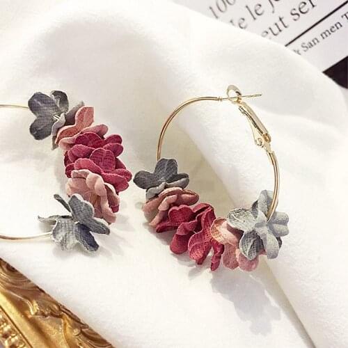 Fashion Long Hoop Earrings For Women Fabric Flower Petal Alloy Circle Round Pendant Big Tassel Earrings Female Jewelry