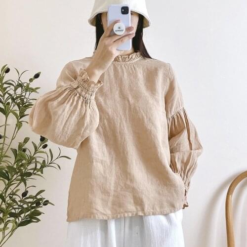 Johnature 2021 Spring New Linen Shirts For Women Vintage Japanese Loose Solid Color Lantern Sleeve Tops 3 Colors