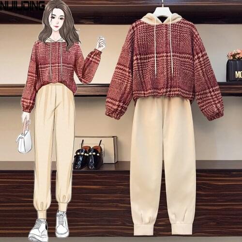 NIJIUDING Womens Tracksuits 2020 Winter Sweatershirts + Long Pants Two piece Sets Pullover Sweaters Hoodies And Wool Pants Sets