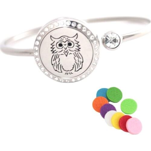 10Pcs Owl Locket Bracelet Bangle Aromatherapy 25mm Magnet Crystal Stainless steel essential oil diffuser locket bracelet