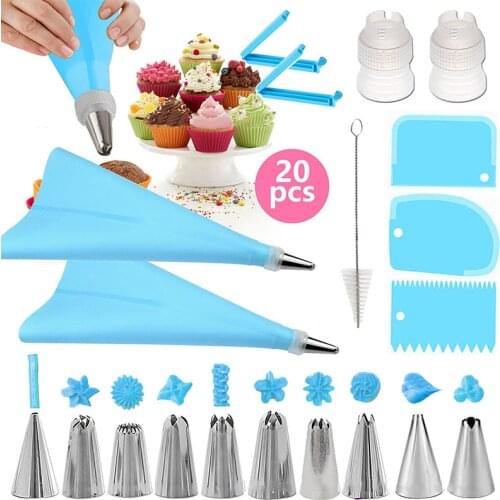 20Pcs/Set DIY Kitchen Baking Cake Decorating Tools Silicone Icing Piping Cream Pastry Bag Stainless Steel Nozzle Converter Tool