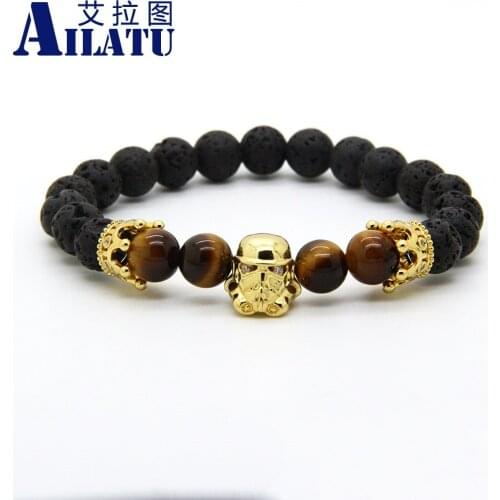 Ailatu Wholesale 10pcs/lot 8mm Lava Rock Stone with Cubic Zirconia Crown Hero Of Sparta Energy Bracelets for Men