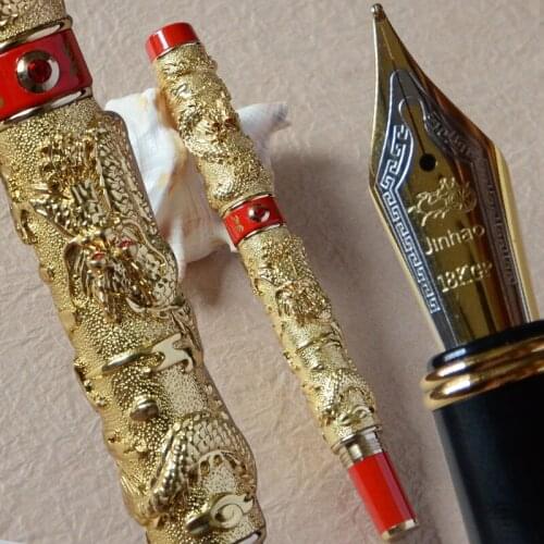 FOUNTAIN PEN 0.7mm BROAD NIB JINHAO GOLDEN AND RED TIME TWO DRAGON PLAY PEARL BUSINESS OFFICE BEST GIFT