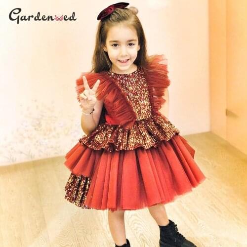 Glitter Layers Girl Party Dress Sequin Tulle Pleated Girl Birthday Dress Puffy Ball Gown Girl Wedding Party Dress Baby Girl Dres