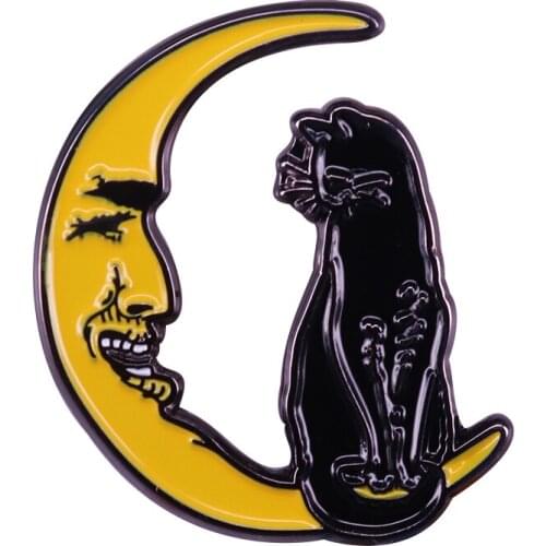 Black scared cat on smiling moon lapel pin magical witchy badge retro Halloween accessories