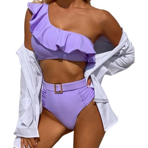 Ruffle Two Piece Swimwear Womens Sexy Solid Color Bikini Sets Sleeveless Oblique Shoulder Tops Briefs Swimsuit Bare Midriff Set