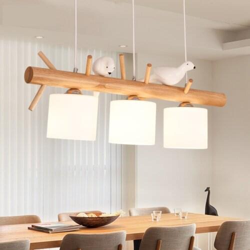 Nordic Personality Bird Restaurant Chandelier Solid Wood Long Strip White Glass LED Chandelier 2/3 Heads Living Room Study Lamp