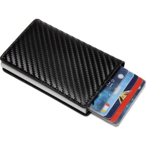 Men Credit card holder carbon fiber Leather Wallet Aluminum Automatic Mini Wallet With Back Pocket ID Card RFID Blocking purse