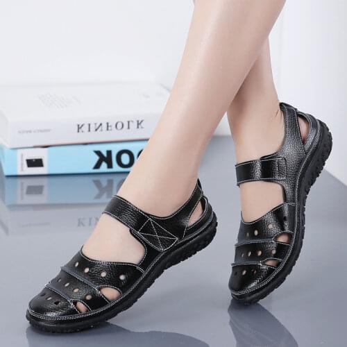 New Listing Women Sandals Genuine Leather Summer Ladies Comfortable Round Toe Ankle Hollow Sandals Female Soft Sole Sandals
