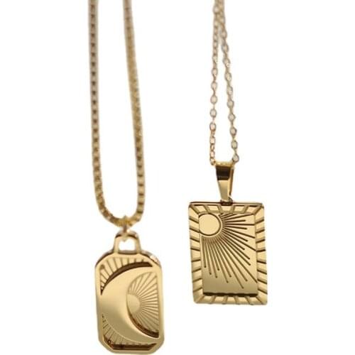 18K Gold Plating 316L Stainless Steel Square Signet Pendant Necklaces For women Titanium Steel Sun Moon Pendant Necklace