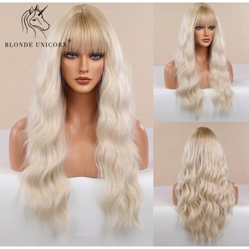 BLONDE UNICORN Long Wavy Synthetic Hair Wigs Ombre Blonde Platinum with Bangs For Women Heat Resistant Fiber Cosplay Daily Wig