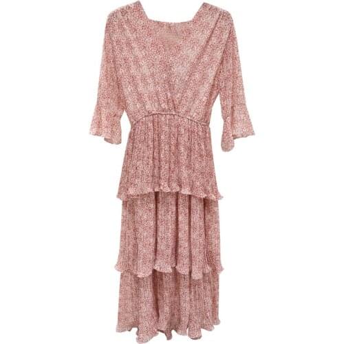 PERHAPS U Pink Light Green Chiffon Floral Print V Neck Sash Bow Flare Sleeve Cascading Ruffle Cake Midi Dress Sweet Summer D1425