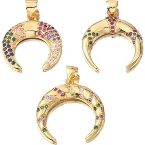 High Quality Copper Zircon Ox Horn Charms Crescent Moon Necklace Pendant for DIY Jewelry Making Handmade Supplies Accessories