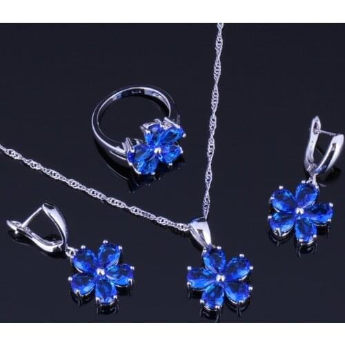 Ravishing Flower Blue Cubic Zirconia Silver Plated Jewelry Sets Earrings Pendant Chain Ring V0254