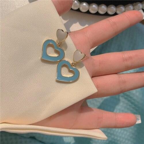 ZDMXJL Korean Fashion Trend Fine Sweet Women Earring Ear Stud Hollowed-out Blue Heart Drop Dangle Earrings Girl Jewelry Gifts