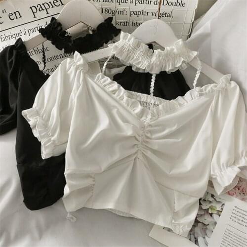 Korean Style Chic Elegant Shirt Summer Sexy Halter Neck Crop Tops Women Short Sleeve White Blouses Cropped Blusa Mujer2021