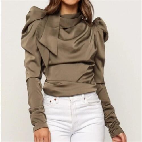 New Arrival Sexy Casual Long Sleeve Green Folds Top Stand Collar Solid Color Ladies Spring Fashion Irregular Slim Ladies T Shirt