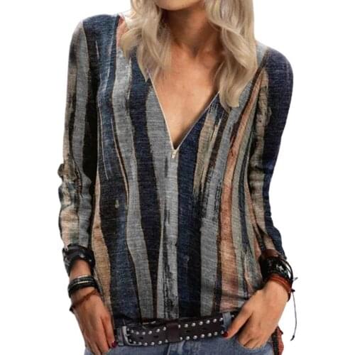 Women Shirt Spring Autumn Long Sleeve printing Shirts Shirt Female Long Sleeve Zip Neckline Vertical Stripes Tie Dye Blouse
