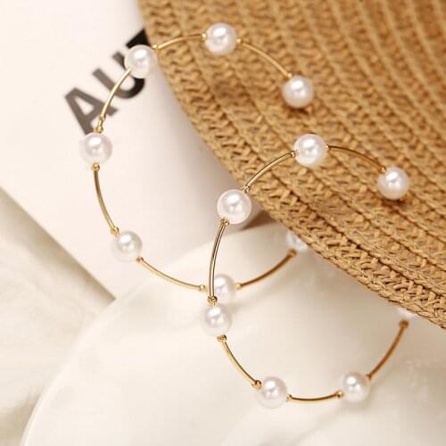 Boho White Imitation Pearl Round Circle Hoop Earrings Women Gold Color Big Earings Korean Jewelry Brincos Statement Earrings