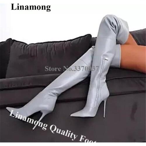 Women Sexy Pointed Toe Over Knee Stiletto Heel Boots Grey Purple Rose Red High Heel Thigh Long Boots Evening Dress Heels Shoes
