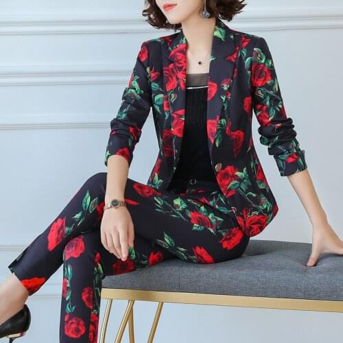 Pink Floral Blazer Women Elegant Chic Full Sleeve Flower Jacket Retro Casual Plus Size Suits Coat Office Ladies Work Wear
