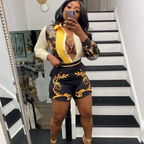 2 Piece Women Sets Turn-Down Collar Long Sleeve Casual Loose Single-Breasted Button Blouse Shirts And High Waist Shorts Sexy Set