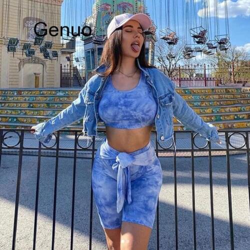 Women Leisure 2 Piece Blue Tie Dye Tracksuit Joggers Set Crop Top Biker Bandage Five Leggings Shorts Suit Two Piece Slim Outfits