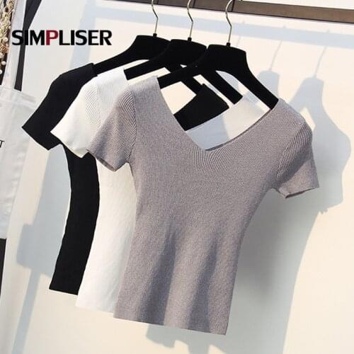 Thin Pullovers Women 2019 Summer Knitted Tees V-neck Short Sleeve Female Knitting shirts Ladies Stretch Tops White black blue
