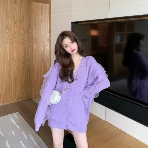 Hi Girl Spring Loose Open Stitch Women Single Breasted Mesh Patch Knitted Coat Korean V neck Sweater Cardigan Purple Female
