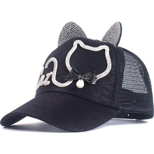 Spring Summer Cartoon Cat Baby Baseball Caps Children Cute Ears Mesh Sun Hat Boy Girl Kids with Diamond Adjustable Snapback Hats