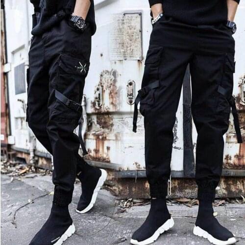 Streetwear Ribbons Casual Pants Men Black Slim Mens Joggers Pants Side-pockets Cotton Man Trousers