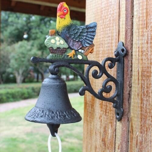 Colored Hen Eggs Cast Iron Wall Mounted Bell With Hand Cranking Hanging Rope European Home Garden Wall Decor Welcome Door Bell