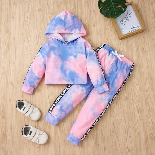 2-piece Baby / Toddler Tie-dye Letter Long-sleeve Hooded Pullover and Pants Set