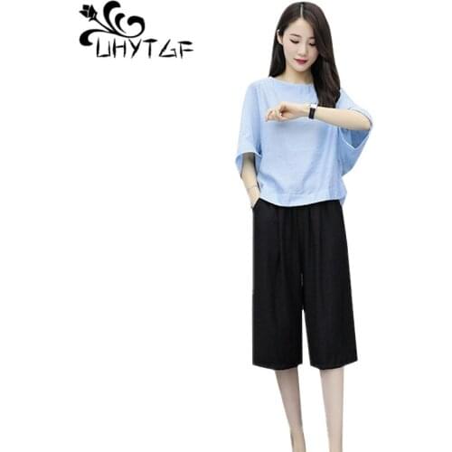 UHYTGF Elegant women summer two piece set fashion cotton linen soft comfortable loose plus size 2 piece sets womens outfits 876